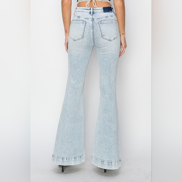 RISEN High-Rise Waist Slim Jeans Flare Hem Retro 90s Patch Pocket Denim Pants - Picture 8 of 16